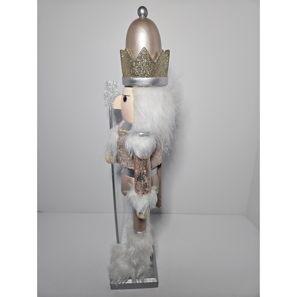 King Nutcracker 19" Wooden Christmas Decor Hollywood Style White Gold Pink - Picture 6 of 8